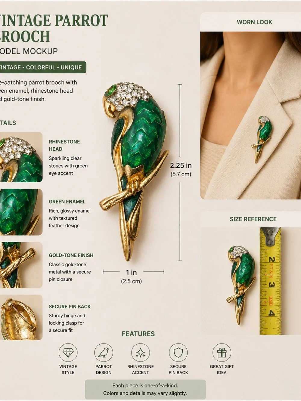 Vintage‎ Green Parrot Brooch with Crystal Accents